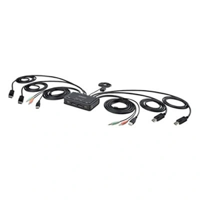 Abbildung von StarTech.com 2 Port Dual Monitor KVM Switch DisplayPort, 4K 60Hz, mit 1,5 m Integrierten Kabeln(USB A/DisplayPort/Audio), DP Zwei Monitore, Remote/Hotkey Switching (C2 DD46 UA2 CBL KVM)