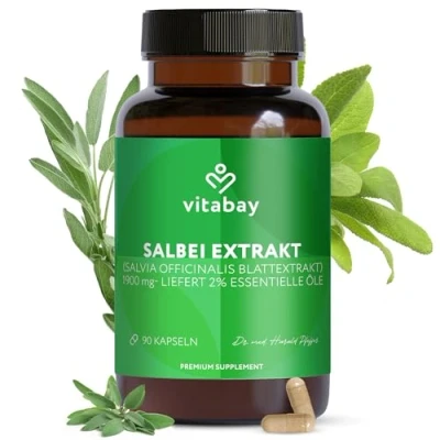 Abbildung von Vitabay Salbei Extrakt 1900 mg 90 VEGANE Kapseln hochdosiert Tabletten aus Blattextrakt (Salvia officinalis, 2% essentielle Öle) als 10:1