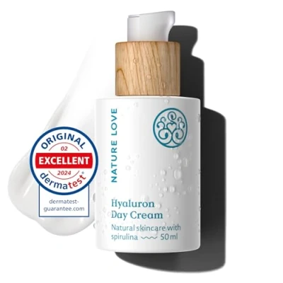 Abbildung von NATURE LOVE® Hyaluron Day Cream 50ml Feuchtigkeitscreme 100% Naturkosmetik Tagescreme mit Hyaluronsäure, Spirulina, Glycerin und Lipiden feuchtigkeitsspendend vegan, Parfümfrei