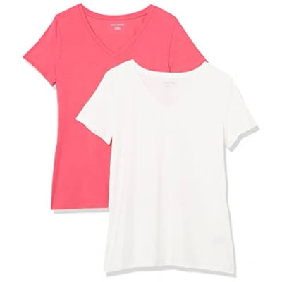 Abbildung von Amazon Essentials Damen Kurzärmeliges T Shirt mit V Ausschnitt, Klassischer Schnitt, 2er Pack, Kräftiges Rosa/Weiß, XXL
