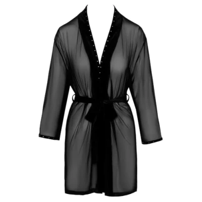 Abbildung von Orion Samt Kimono verführerischer Nachtmantel für Frauen, mit Bindegürtel, Glitzer Verzierungen, langärmelig, semi transparent, schwarz