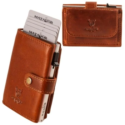 Abbildung von MATADOR Slim Wallet Miami mit XL Münzfach Leder Kreditkartenetui POP UP Kartenhalter RFID Schutz Mini Portemonnaie kleine Geldbörse Männer Geschenk Box Vintage Braun