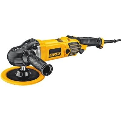 Abbildung von DEWALT 150mm &amp; 180mm Polierer/Poliergerät (variable Geschwindigkeitseinstellung, leise vibrationsarm, inkl. Gummischleifteller, Seitenzusatzhandgriff, zwei Polierhauben, Bügelhandgriff), DWP849X