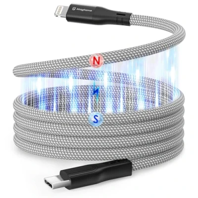 Abbildung von Magtame Magnetic USB C to Lightning Kabel Coiled, 1M MFi Certified Phone Schnellladen, Geflochtenes Typ für 14 13 12 11 Pro XR XS X 8 Plus SE