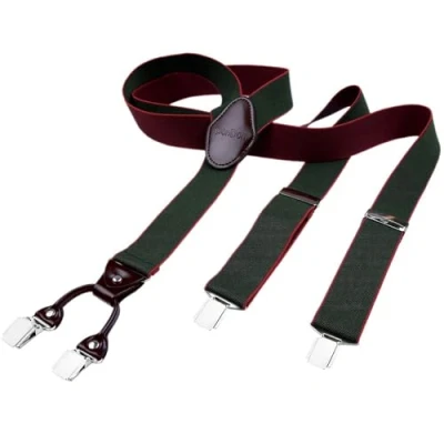 Abbildung von DonDon Hosenträger Herren extra stark 3,5 cm breit mit 4 Clips in Y Form und braunem Leder Patch, Dunkelrot