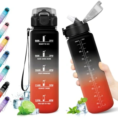 Abbildung von KollyKolla Trinkflasche 1L, mit strohhalm, Sport Zeitmarkierung, Auslaufsicher Wasserflasche Kohlensäure Geeignet für Kinder, Fahrrad, Schule, Maedchen, Junge