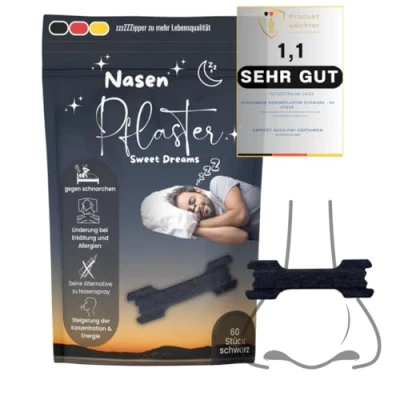 Abbildung von Premium Nasenpflaster Schwarz, 60er Pack Nasenstrips, gegen Schnarchen, Extra Halt für Sport &amp; bessere Schlafqualität, besser Atmen bei verstopfter Nase, Nasal Strips