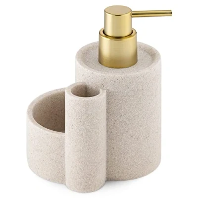 Abbildung von Navaris Seifenspender mit Schwammhalter und Bürstenhalter Spülbecken Organizer für die Küche Spender Spülmittel in Beige Messing