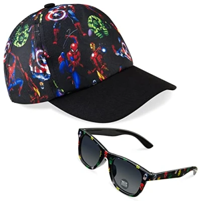 Abbildung von Marvel Sonnenhut Baseball Cap und Sonnenbrille Set Avengers Kappe Kinder Jungen Mütze Sommer Zubehör Einheitsgröße Verstellbarer Riemen Geschenke (Marineblau/Multi)