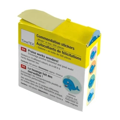 Abbildung von TimeTEX Belobigungs Aufkleber &quot;Wal&quot; Lehrersticker für motivierendes Feedback 500 Sticker in praktischer Spender Box 1 Motiv mit verschiedenfarbigen Hintergründen 19 mm ø