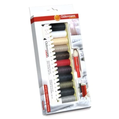 Abbildung von Gütermann creativ Nähfaden Set mit 11 Spulen Allesnäher 100 m in Basisfarben + ein Handmaß Seam fix mini