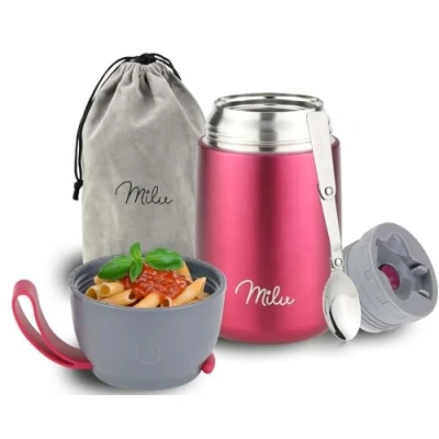 Abbildung von Milu® Thermobehälter 450, 650ml Edelstahl Warmhaltebehälter Essensbehälter Speisegefäß Babynahrung Essen warmhalten Behälter Thermo Lunchbox Müsli to go Berry, 450ml