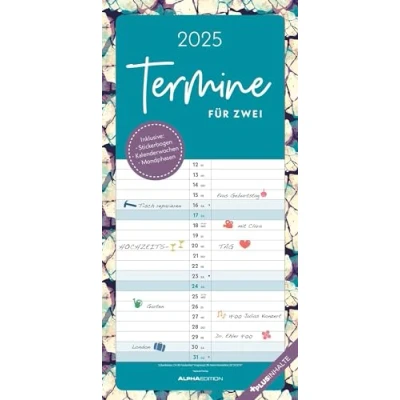 Abbildung von Alpha Edition Termine für 2 Colour 2025 Familienplaner, 22x45cm, Familienkalender mit Spalten Termine, Stickerbogen, 100 jährigem Kalender, Ferientermine DE/AT/CH und deutsches Kalendarium