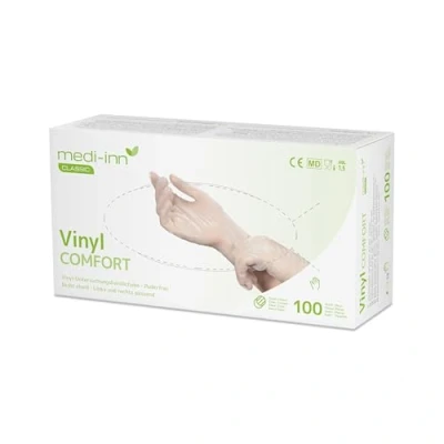Abbildung von Medi Inn Handschuhe, Vinyl puderfrei &quot;Comfort&quot; Einweghandschuhe Vinylhandschuhe (100 Stück, Größe L)