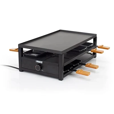 Abbildung von Princess Raclette Black Steel 8 Personen Parkdeck für Pfännchen große Kochfläche 44 x 25 cm regelbarer Thermostat 1300 Watt, 162655