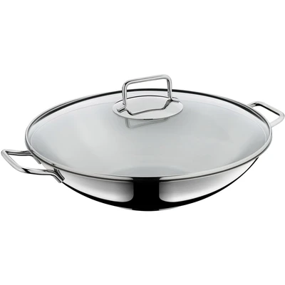 Abbildung von WMF Macao Wok Set Induktion 2 teilig, Pfanne 36 cm mit Glasdeckel, Cromargan Edelstahl poliert, unbeschichtet