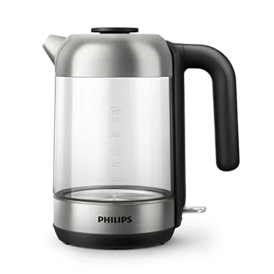 Abbildung von Philips Wasserkocher für Haushaltsgeräte Fassungsvermögen 1,7 l mit Federdeckel und Kontrollleuchte, kabellos 360 Pirouettenbasis, Glas, Drehfuß (HD9339/80)