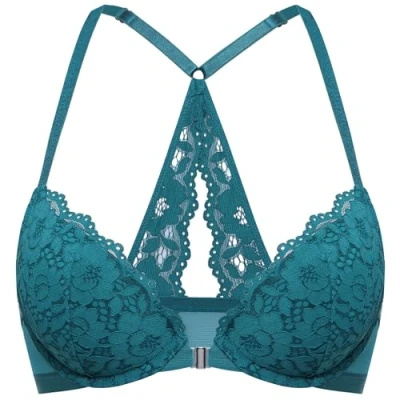 Abbildung von DOBREVA Damen Vorderverschluss BH mit Bügel Push Up Spitzen Neckholder BHS Racerback Tiefer Ausschnitt Gepolsterter Borealis Grün 85E