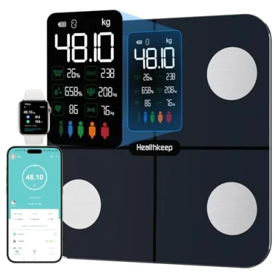 Abbildung von Körperfettwaage Personenwaage, Waage Personen mit Körperfett und Muskelmasse 15 Körperdaten Körperwaage Körperfettanalyse, Personenwaage Digital Testsieger, Smart APP, Großes Display