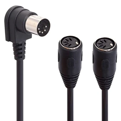 Abbildung von 5 Pin DIN Y Splitter MIDI Kabel Adapter, 90 Grad rechtwinkliger Stecker männlich auf Dual 2 Buchse Verlängerung Audiokabel für Keyboard, E Klavier, Synthesizer, Gitarre