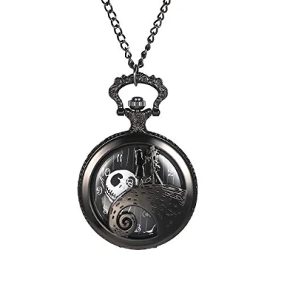 Abbildung von JewelryWe Taschenuhr Herren Damen mit Schädel Totenkopf Jack Skellington aus The Nightmare Before Christmas, Quarz Analog Uhr Kette Halskette Schwarz