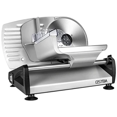 Abbildung von OSTBA Allesschneider, elektrischer mit ECO Motor, rostfreies Edelstahlmesser,Wurstschneidemaschine einstellbare Schnittstärke(0 15mm),Käse Brotschneidemaschine, 150 W,Silbermetallic