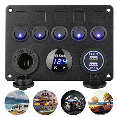 Abbildung von 5 Gang Schalter Panel ON OFF Kippschalter Dual USB Ladegerät LED Voltmeter 12 V Steckdose für 12V/24V Fahrzeuge Auto Boot SUV Lkw Yacht RV Camper Baufahrzeug (Blau)