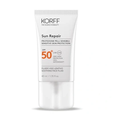 Abbildung von Korff Sun Repair Gesichtsflüssigkeit, beruhigend, LSF 50+, sehr hoher Schutz, sofortige Beruhigung, leichte Textur, ohne weiße Spuren, geeignet für empfindliche Haut, 40 ml