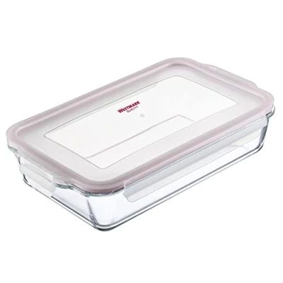 Abbildung von Westmark Glas Auflaufform, Füllvolumen: 2200 ml, Luftdicht verschließbar, Mikrowellen und ofenfest, Glas/Silikon/Kunststoff, Transparent/Rot, 234922E1