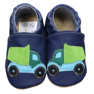 Abbildung von HOBEA Germany Krabbelschuhe für Jungs und Mädchen in verschiedenen Designs, Kinderhausschuhe Jungen, Lederschuhe, Schuhgröße: 22/23, Modell Schuhe: LKW dunkelblau