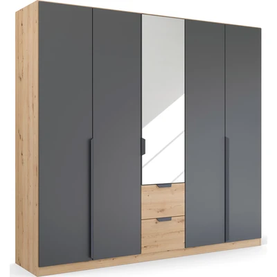 Abbildung von Rauch Möbel Dark &amp; Wood by Quadra Spin Schrank Drehtürenschrank, Grau metallic/Eiche Artisan, Schwarz, Holz, 5 trg. Spiegel, inkl. 3 Kleiderstangen, Einlegeböden, 2 Schubladen, BxHxT 226x210x54 cm