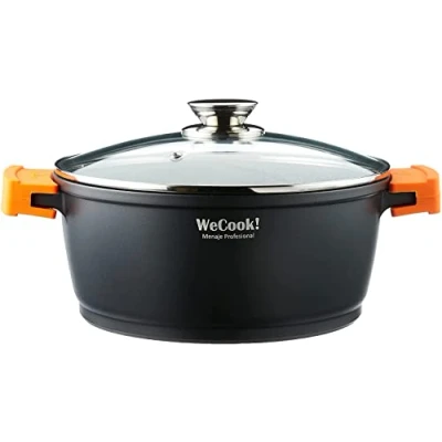Abbildung von WECOOK Ecochef Titanium Bräter Hohe Induktion Glasdeckel 32 cm, 5 Schichten Antihaft Quantanium Umweltfreundlich PFOA frei, Aluminiumguss mm, 12,5 cm hoch, Silikongriffe, Glaskeramik, Gas, Backofen