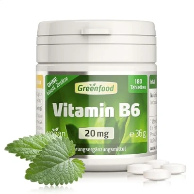 Abbildung von Vitamin B6, 20 mg, hochdosiert, 180 Tabletten Gut für die Bildung roter Blutkörperchen und zur Verringerung von Müdigkeit. Ohne künstliche Zusätze. Gentechnik. Vegan.