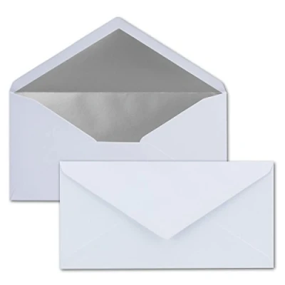 Abbildung von 50 Brief Umschläge DIN Lang Weiß mit Silber Metallic Innen Futter 110 x 220 mm Nassklebung festliche Kuverts für Weihnachten