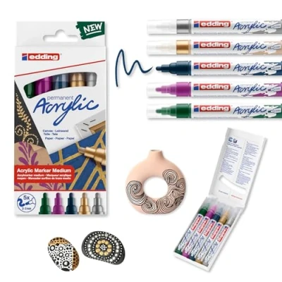 Abbildung von edding 5100 Acrylmarker grün violett blau silber gold 5 Acrylfarben Set (festlich) Rundspitze 2 3 mm Acryl Farben zum Malen auf Leinwand, Holz, Steine Acrylstifte für wasserfest
