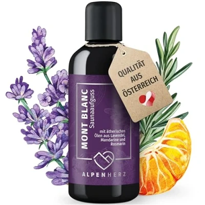 Abbildung von ALPENHERZ Saunaaufguss 100% naturrein 100ml mit ätherische Öle aus Lavendelöl, Mandarine &amp; Rosmarienöl Saunadüfte Aufgussmittel Saunaöl Sauna Zubehör Saunaduft Aufguss Geschenkset