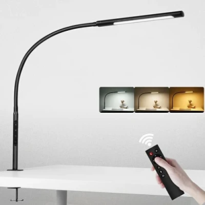 Abbildung von EYOCEAN Schreibtischlampe LED mit Fernbedienung, Verstellbare Schwanenhals Klemmleuchte, Einstellbare Dimmen &amp; Farbtemperaturen, Berührungssteuerung Büro Tischlampe, 12W, Mattschwarz