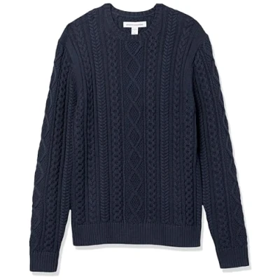 Abbildung von Amazon Essentials Herren Pullover mit Langen Ärmeln und Rundhalsausschnitt aus 100% Baumwolle Zopfmuster, Marineblau, S