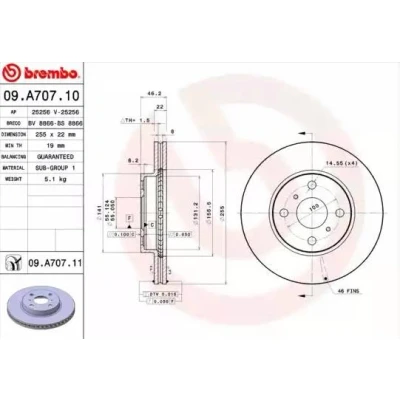 Abbildung von BREMBO COATED DISC LINE 09.A707.11 Bremsscheibe 255 22 4 innenbelüftet beschichtet TOYOTA: Yaris II Hatchback, III iQ