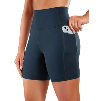 Abbildung von CRZ Yoga Naked Feeling Damen Kurze Leggings High Waist Radlerhose Fitness Sporthose mit Taschen 15cm Echte Marine 38