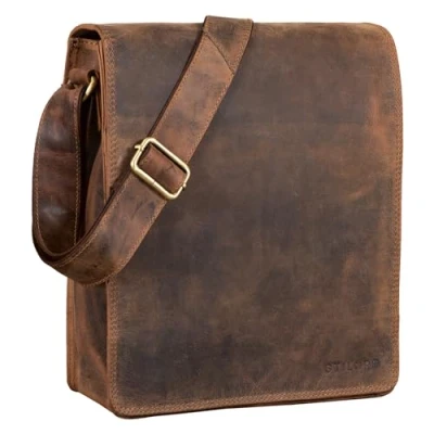 Abbildung von STILORD &#039;Lars&#039; Vintage Umhängetasche Leder Herren für 13,3 Zoll Tablet MacBooks und iPad Schultertasche Herrentasche Messenger Bag Echtleder, Farbe:Calais braun