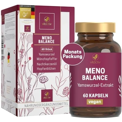 Abbildung von VITACTIV MenoBalance Wechseljahre Pflanzlich Nachtkerzenöl, Yamswurzel, Hopfen, Mönchspfeffer plus B Vitamine Gegen Symptome Hormonfrei &amp; Vegan 60 Menopause Kapseln
