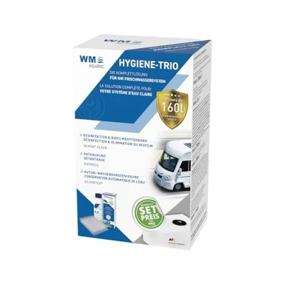 Abbildung von WM aquatec Hygiene Trio für Frischwassersysteme bis 160L Tankgröße Wasserhygiene Wohnmobile, Caravans &amp; Boote Reinigung, Desinfektion automatische Wasserkonservierung