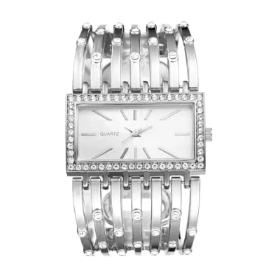 Abbildung von JewelryWe Damenuhr Rechteckig Armreif Uhr: Damen Glitzer Strass Analog Quarz Armbanduhr Frauen Silber Breit Metallarmband Armspange Lässige Diamant Spangenuhr mit Eckigem Zifferblatt