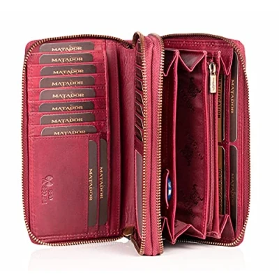 Abbildung von MATADOR MADRID Geldbeutel Damen Leder mit edler Geschenk Box Geldbörse Groß RFID Schutz Portemonnaie Doppelter Reißverschluss Pink