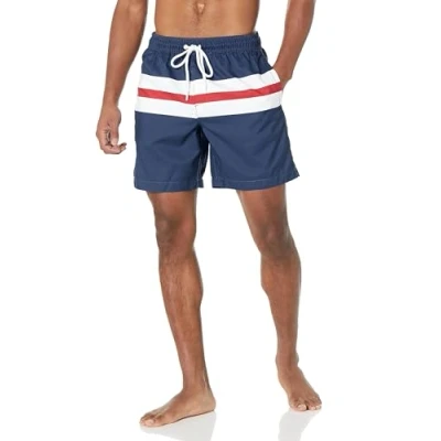 Abbildung von Amazon Essentials Herren Badehose, Schnell Trocknend, 18 cm, Marineblau Rot Weiß Streifen, L