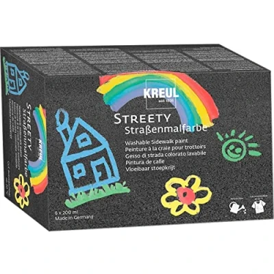 Abbildung von KREUL 43110 Streety Straßenmalfarbe Set, 6 Farben mit je 200 ml, abwaschbare Flüssigkreide zum Malen Pinsel oder Roller, flüssige Straßenmalkreide, vegan, dermatologisch getestet, auswaschbar