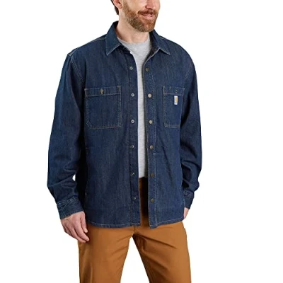 Abbildung von Carhartt Herren Relaxed Fit Denim Fleece Lined Snap Front Work Utility Button Down Shirt, Glacier, XL EU