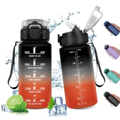 Abbildung von Sportflasche 500ml, Wasserflasche Sport Auslaufsicher mit Zeitmarkierung, Trinkflasche Auslaufsicher, Strohhalm, für Fitness, Camping, Fahhrad, Erwachsener, Sprudel