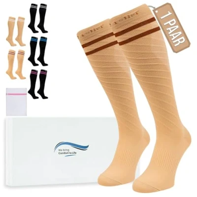 Abbildung von 360 Relief Kompressionsstrümpfe Klasse 1 für Damen und Herren 15 20 mmHg Stützstrümpfe langstreckenflug, Reise, Sports, Running, Laufen Paar Kompressionssocken S/M Beige mit Wäschenetz